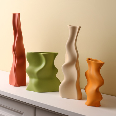 莫兰迪创意波浪纹陶瓷花瓶摆件客厅插花样板间软装饰品孟菲斯花器|ru