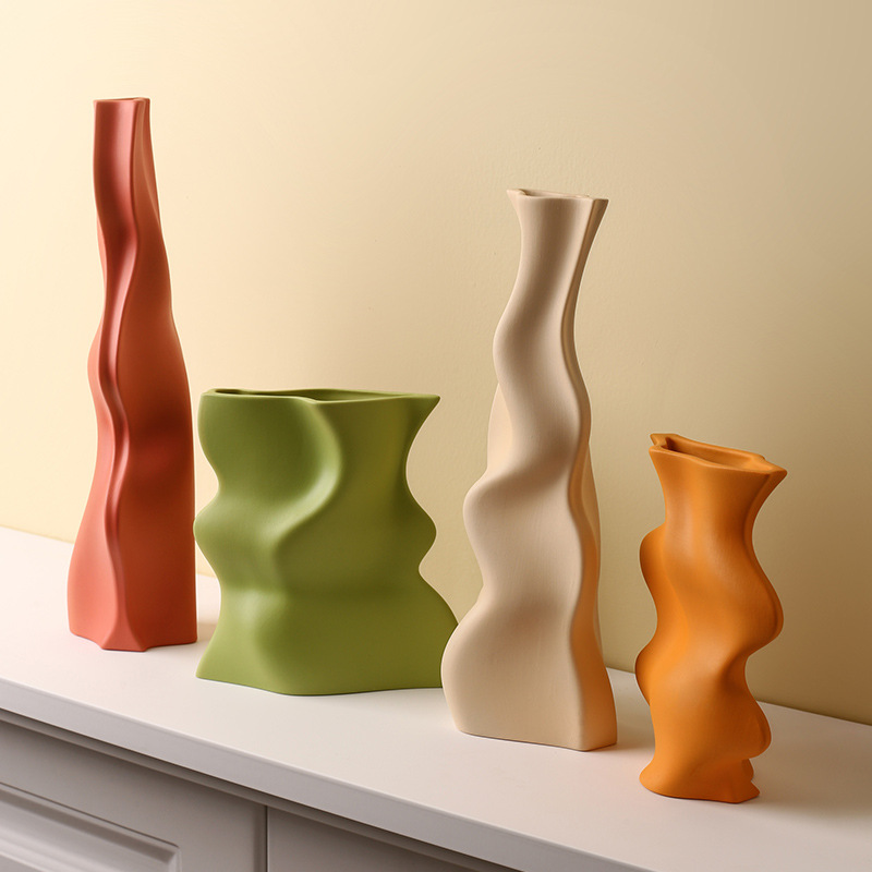 莫兰迪创意波浪纹陶瓷花瓶摆件客厅插花样板间软装饰品孟菲斯花器|ru