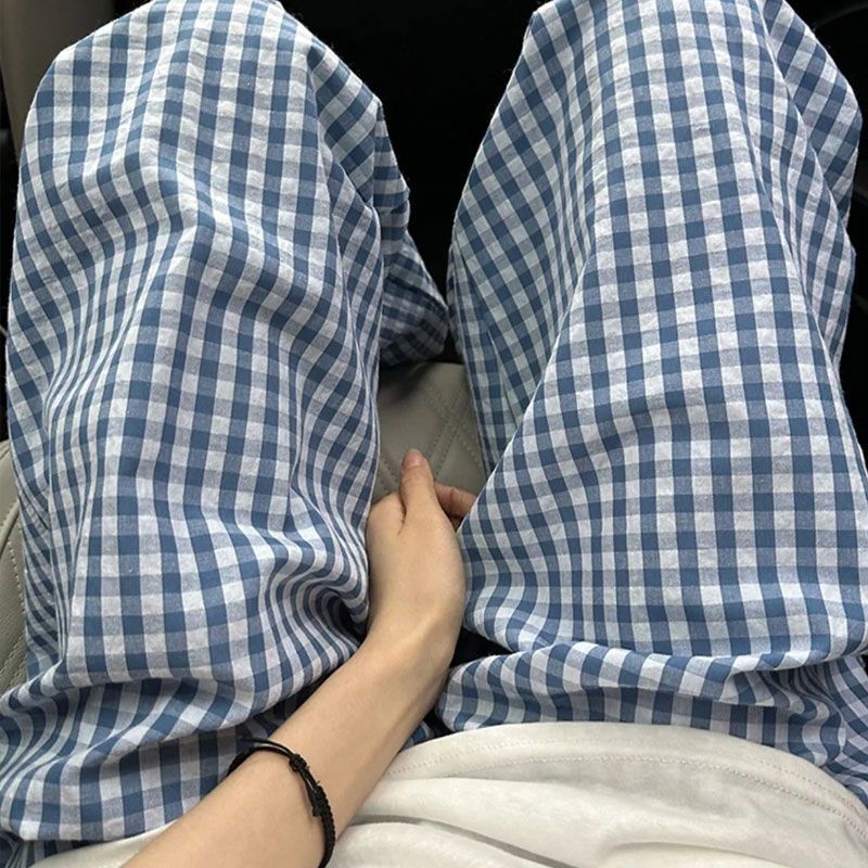 (2개) INS 스타일 인터넷 연예인 게으른 스타일 레트로 타이트 허리 격자 무늬 대조 컬러 느슨한 넓은 다리 스트레이트 가정용 캐주얼 바지