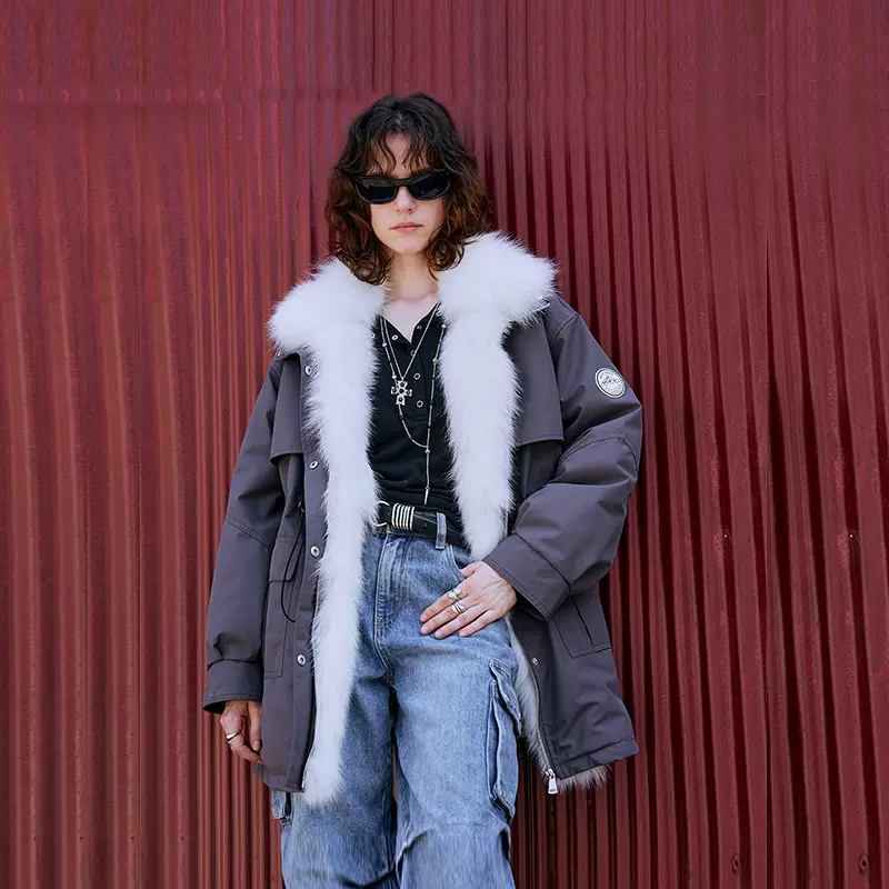 可拆卸狐狸毛领羽绒皮草外套女90白鹅绒派克大衣三防面料