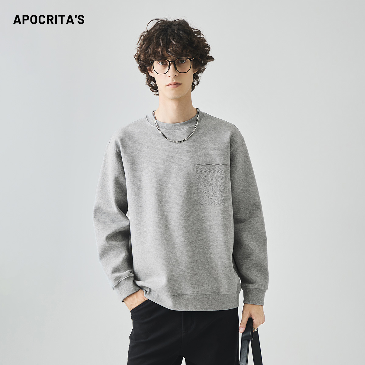 APO男装 |跨境男士卫衣秋季潮牌宽松圆领重磅绣花长袖T恤内搭上衣