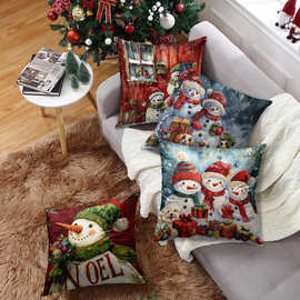 跨境复古油画圣诞节抱枕套超柔短毛绒印花圣诞雪人靠枕套沙发靠垫