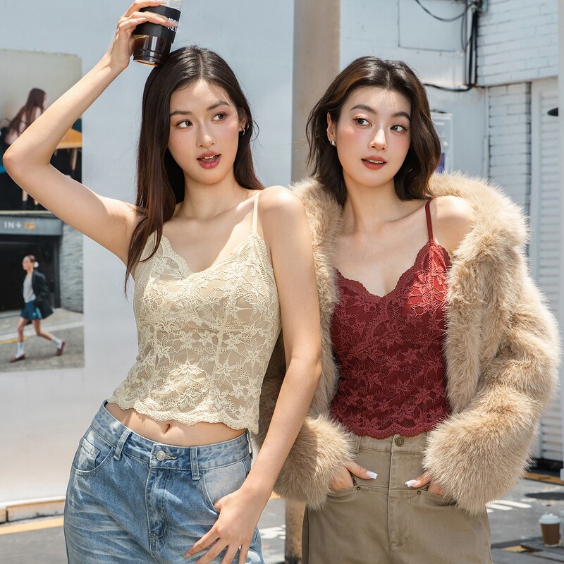 Hong Kong Style Fairy-Style Pure Desire Lace Camisole Red Tank Top for Women with Chest Pads, Suitable for Wearing Inside or Outside, Slim-Fit Base Top for Women