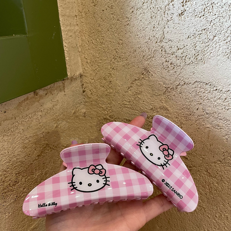 Cute Girl Hellokitty Pink Plaid Clip Shark Clip Large Hair Volume Hair Clip on the Back of the Head
