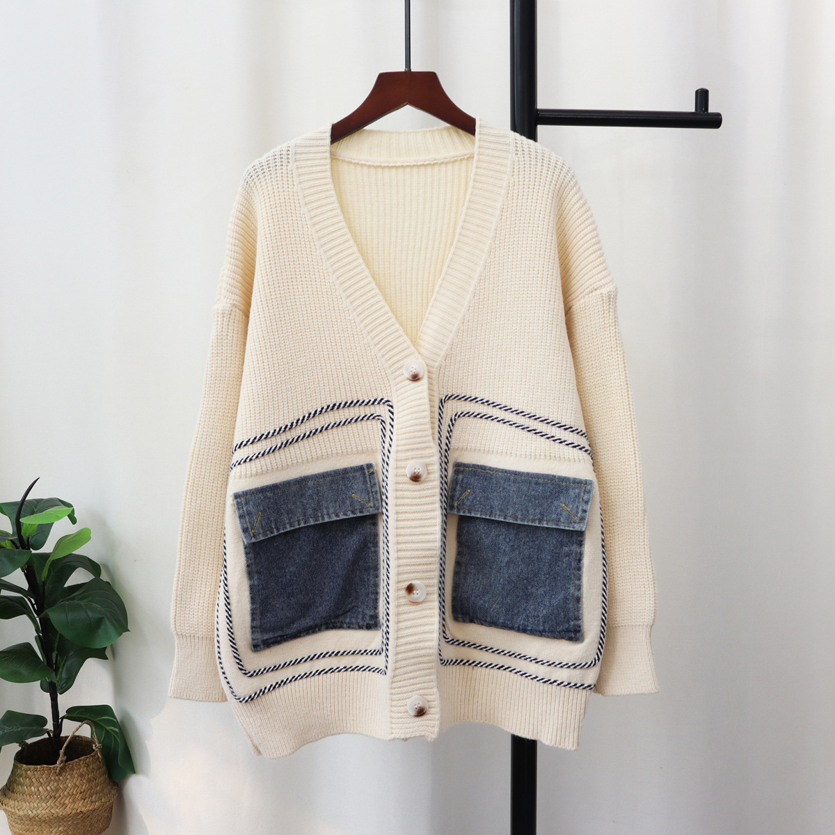 Suéter Cárdigan de Punto con Diseño Holgado y Estilo Coreano, Otoño/Invierno 2025, Chaqueta de Mezclilla con Parches para Mujer, a la Moda