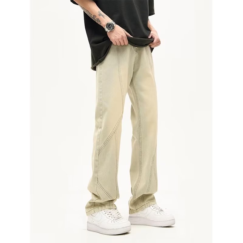 Primavera y otoño American High Street Jeans Pantalones de moda casual para hombres Pantalones amarillos de barro de diseño suelto recto de todo fósforo