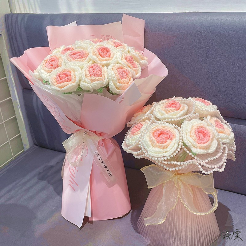 手工针织diy材料包花束做花手捧花感渐变玫瑰针织亲子活动编织