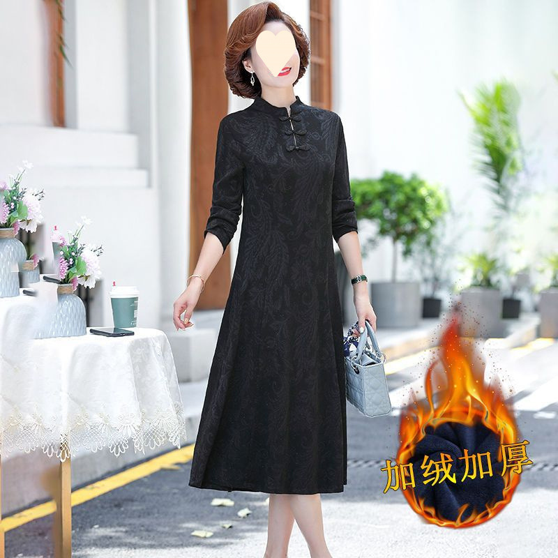 中年妈妈春秋新款改良旗袍裙子女加绒长袖过膝气质显瘦连衣裙|undefined