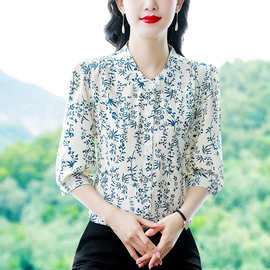 中年真丝雪纺衬衫女上衣2025早秋新款女士印花气质显瘦衬衣七分袖
