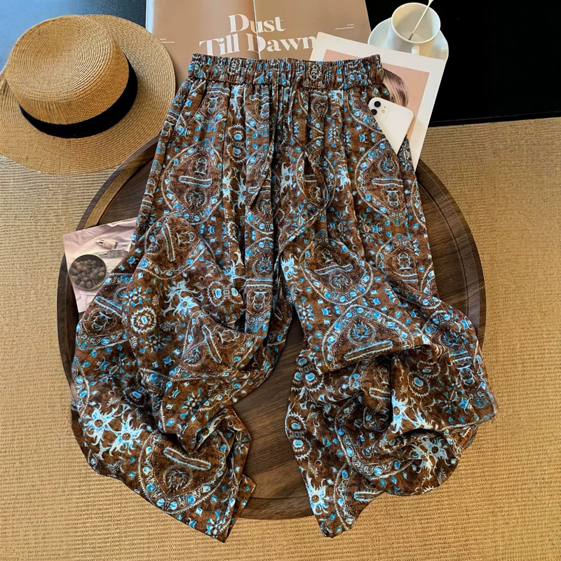 Plus size 120kg high-end old money style vintage floral straight-leg pants for women, thin American fashion trousers for summer and autumn