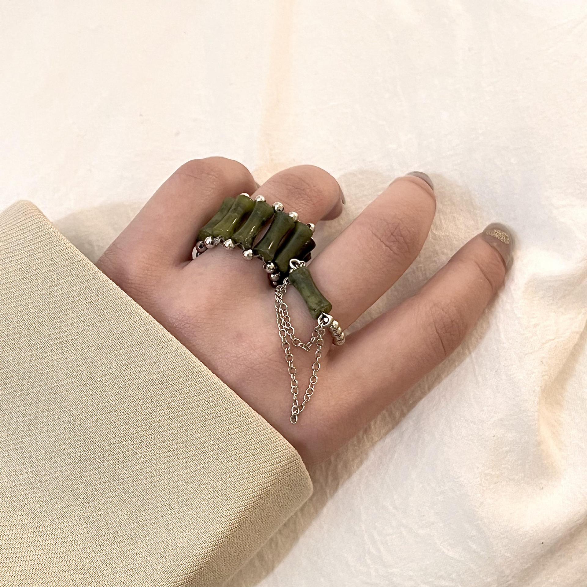 Olive Green Jade Bamboo Handmade Elastic Rope Tassel Chain Index Finger Ring display picture 2