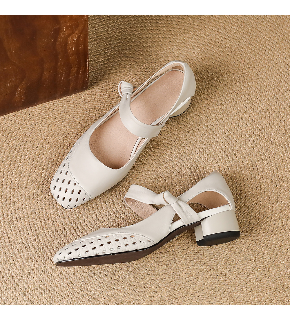 Sandal nữ gót vuông 3,5 cm mũi kín hở cạnh kiểu mới — màu trắng ngà chi tiết 14