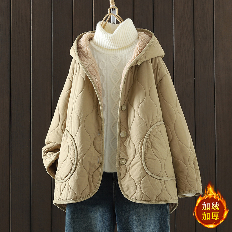 2025冬季新款夹棉加厚羊羔毛连帽抗寒棉袄宽松休闲加绒外套棉衣女