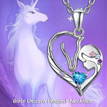 跨境热卖欧美新款甜美清新风格独角兽和女孩心形吊坠项链厂家直销