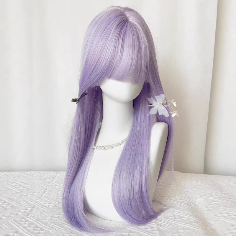 [Qianshi Zidai] 女性用ウィッグ ロングストレートヘア 低彩度 パープル ナチュラル ユニバーサル cos フルヘッドカバー|undefined