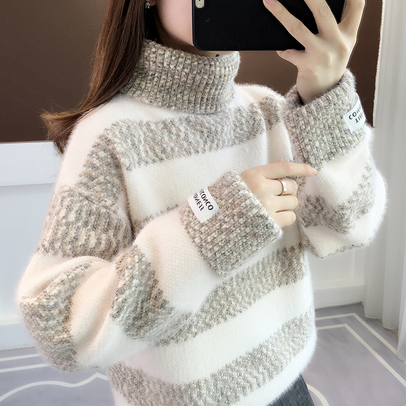 Suéter de las mujeres espesado invierno 2024 nuevo Otoño y ropa de invierno de cuello alto a rayas visón terciopelo top de punto camisa de fondo