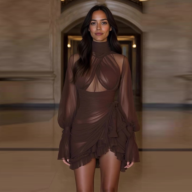 Women's Brown High-neck Ruffle Ruched Contrast Panel Dress Autumn_voghion.com