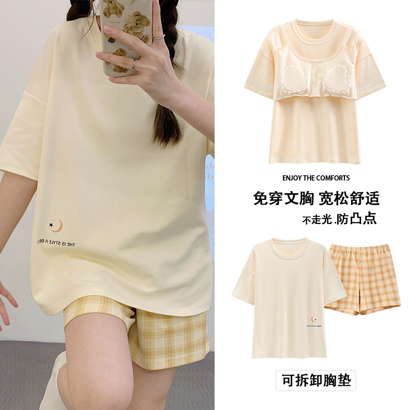 Pajamas for Women Summer Style with Breast Pads and No Bra 100% Cotton Short-Sleeved Youth Cartoon Home Wear Set