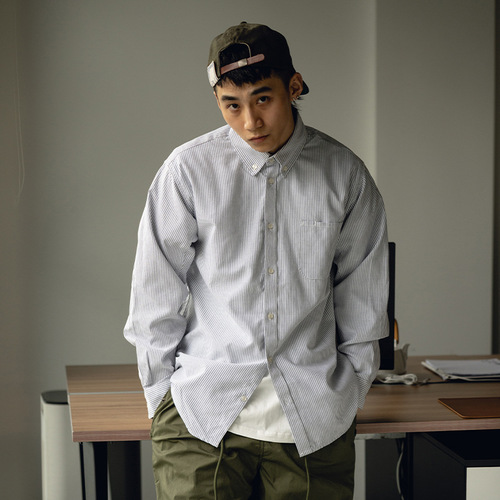 TRS Men's|24SS Japanese Workwear Oxford Fabric Distressed Wash Overshouldered Collar Shirt for Men and Women Long Sleeve Shirt