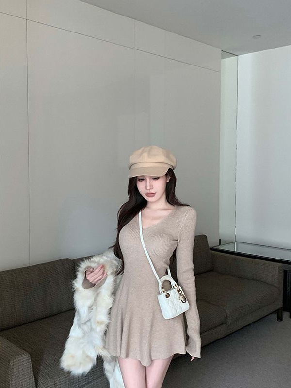 御姐风气质针织连衣裙女秋季长袖收腰显瘦v领裙子修身弹力a字短裙|undefined