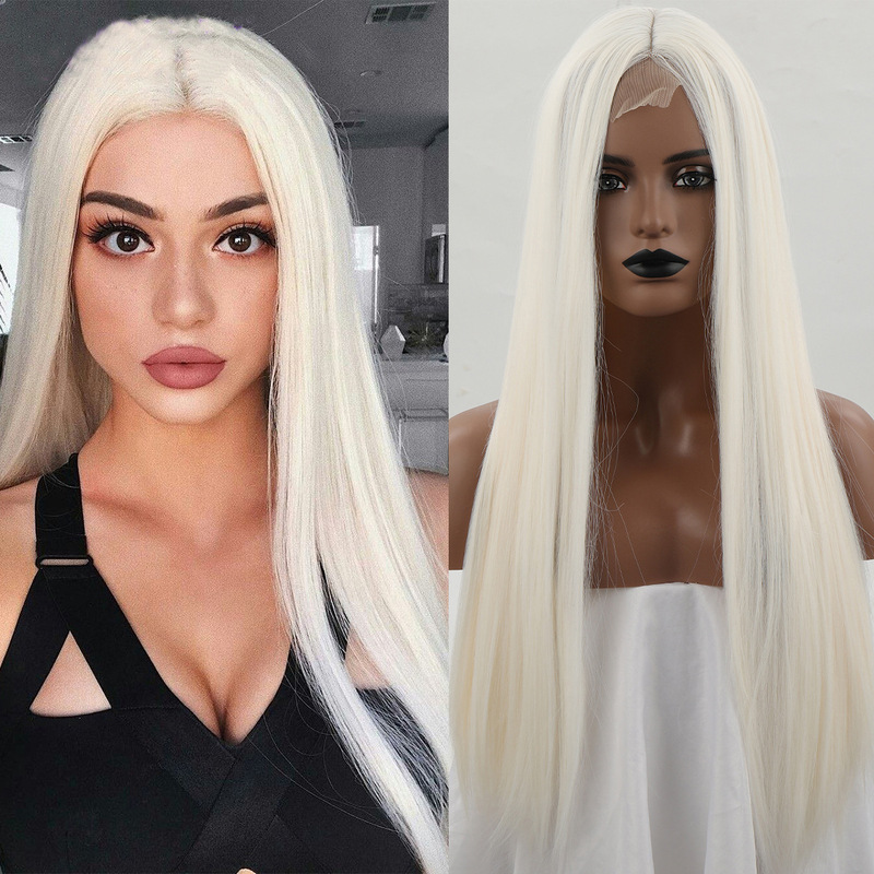 European and American Cross-Border Wig with Middle Parting, Long Straight Hair, Lace Front, Synthetic Fiber Headgear, Fluffy, Natural and Fashionable Artificial Hair Full Headgear