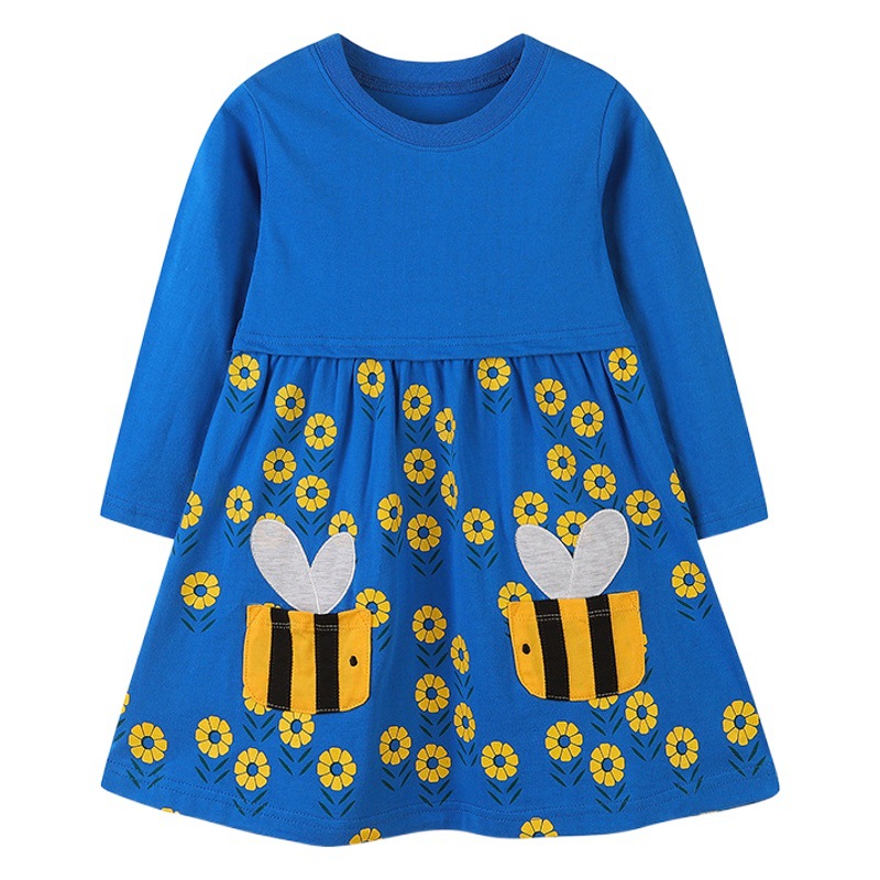 Vestido de manga larga para niñas de estilo europeo y americano de punto de algodón bolsillo de abeja falda para niños bebé niñas flor impresa vestido de princesa