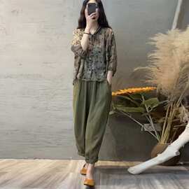 时尚棉麻套装女2025夏新款印花开衫上衣宽松遮肉哈伦裤休闲两件套