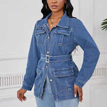 欧美牛仔外套女新款热销外贸时尚工装牛仔夹克水洗多袋款牛仔外套