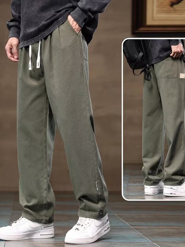 Japanese-style relaxed-fit straight-leg workwear pants, featuring a minimalist, trendy design with a flowing silhouette—khaki harem-style casual pants available for dropshipping.