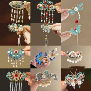 Ancient style burnt blue cloud pearl hair clip new Chinese style tassel edge clip high-quality clip clip clip clip hair accessories headdress hair card
