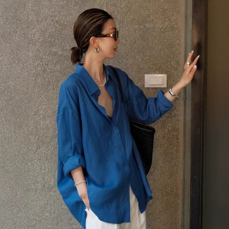 High-End Linen Sun-Protective Long-Sleeved Shirt, Relaxed and Versatile Cardigan Jacket, Thin Loose-Fitting Cotton-Linen Blue Shirt