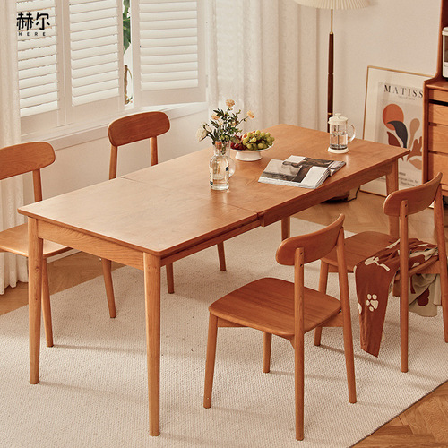 Nordic solid wood dining table extendable island with small apartment dining chair set, home solid oak folding minimalist dining table