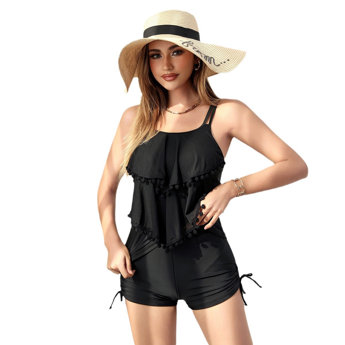 Nuevo traje de baño de cintura alta y sexy de lótus de Europa y América, pantalones trampolines transfronterizos de mujeres, tanquínia Amazon bikini