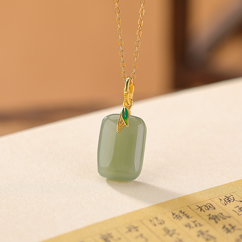 Mặt dây chuyền bạc S925 mạ vàng ngọc bích Hetian tự nhiên hình lá tre phong cách Trung Hoa — Mặt dây chuyền đơn mô hình vàng (không bao gồm dây chuyền)