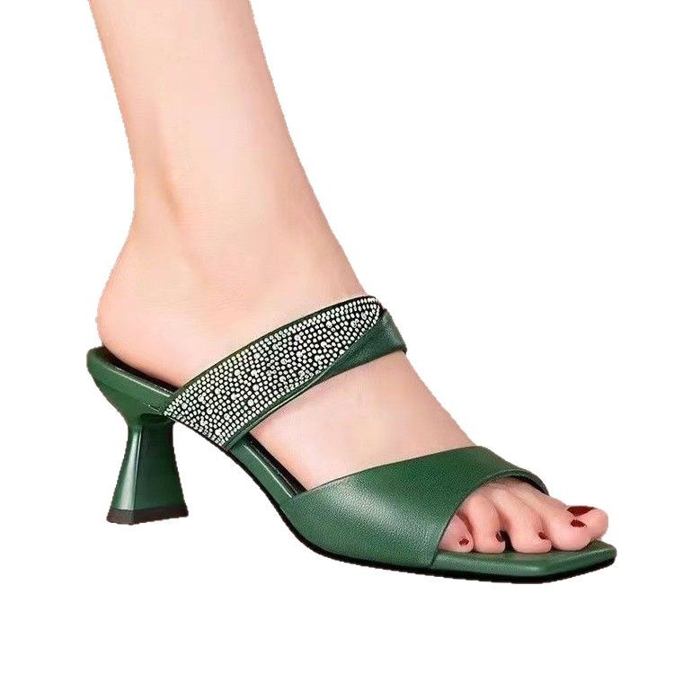 Cross-border Rhinestone Elegant Mid-high Outdoor Women's Shoes, Summer Chunky Heel Fashion Sa, Versatile Slip-on_vogvips.com