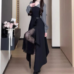 早秋流行长袖衬衫裙蕾丝拼接不规则长裙假两件连衣裙女