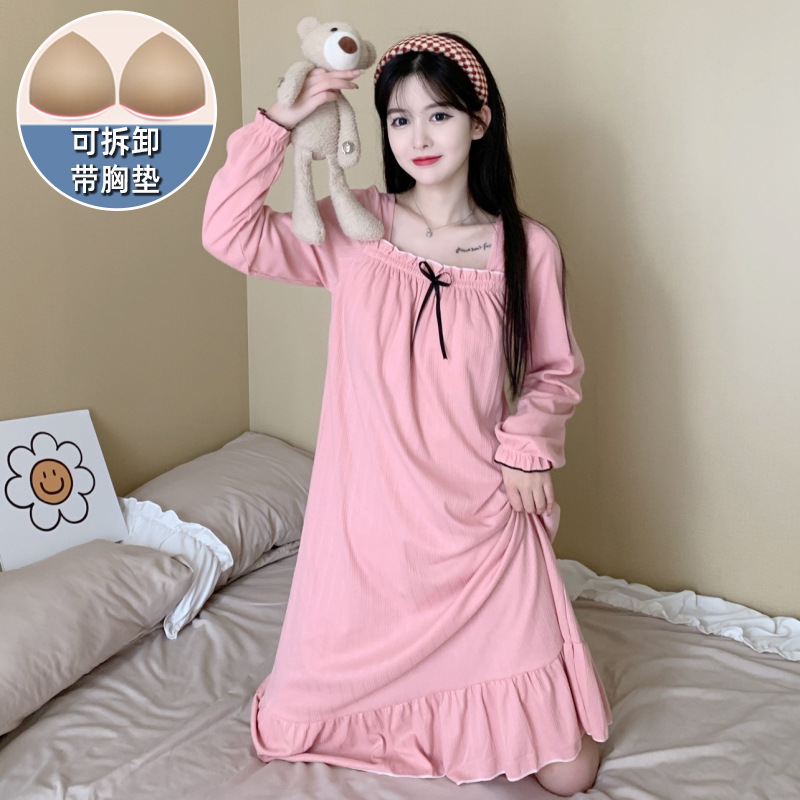 여자의 봄과 가을 긴 소매 면 가슴 패드 홈 옷을 가진 얇은 섹시한 레이스 파자마 2024 새로운 여름