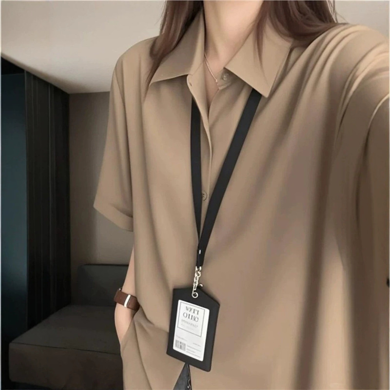 Melard Ice Silk Cool Short-Sleeve Shirt for Women, Summer Lightweight Breathable Half-Sleeve American Style Regular Shoulder Couple Shirt