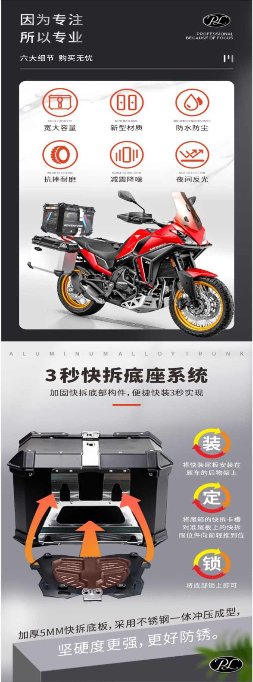 Quick-Release Motorcycle Tail Box Aluminum Alloy 45-Liter Gs Black and White Decal Electric Vehicle Motorcycle Aluminum Alloy Tail Box Storage Box