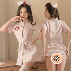 Fann Lei Erotic Lingerie Sexy Female Nurse Costume Solid Color Deep V Role Play Seductive Uniform Pajama Set 523