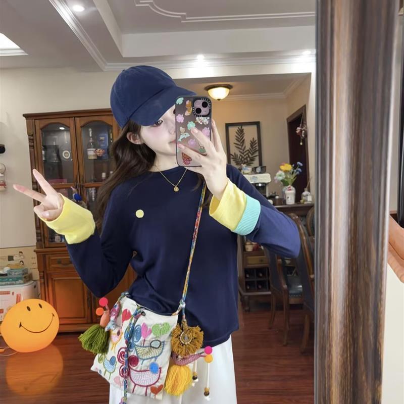 笑脸衣橱天丝羊毛混纺撞色长袖t恤女2025秋季新款圆领上衣|undefined