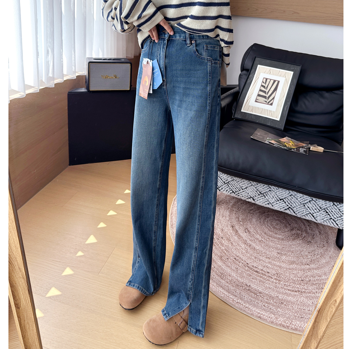 Super Nice Fit! Side Slit Slimming Narrow Jeans for Women, Spring and Autumn Four-Way Stretch Straight Wide-Leg Pants