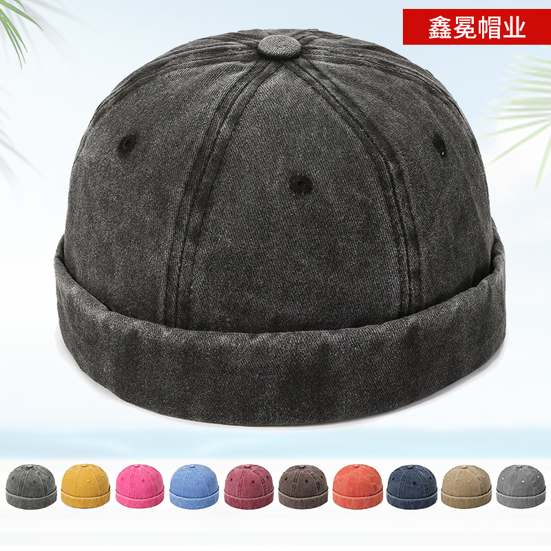Cross-Border Washed Vintage-Style Plain Cap, Solid Color Landlord Hat, Women's Denim Street Hip-Hop Brimless Tang Hat for Men