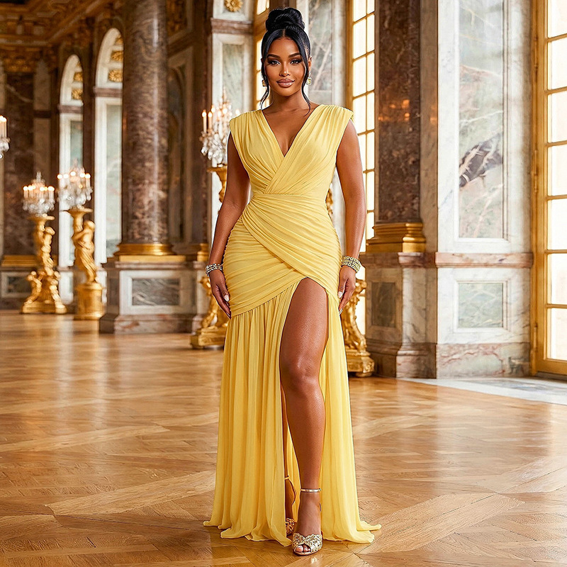 Comercio exterior Europa y América ropa de mujer otoño 2026 nuevo estilo sin mangas V-collar bolsas de cintura de corte irregular vestido de bifurcación image 1