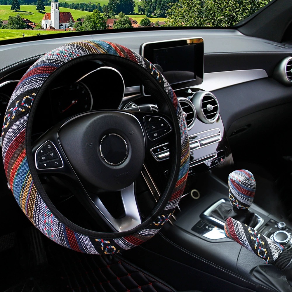 Nueva cubierta del volante del coche estilo étnico de lino no anillo interior banda elástica cubierta de la manija AliExpress transfronteriza Amazon