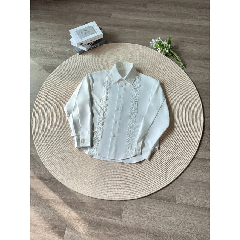 Cross-Border Foreign Trade Turquoise Embroidered Shirt for Men, Spring and Summer Old Money Style, High-End Feel, Long-Sleeve Shirt for Layering or Outerwear
