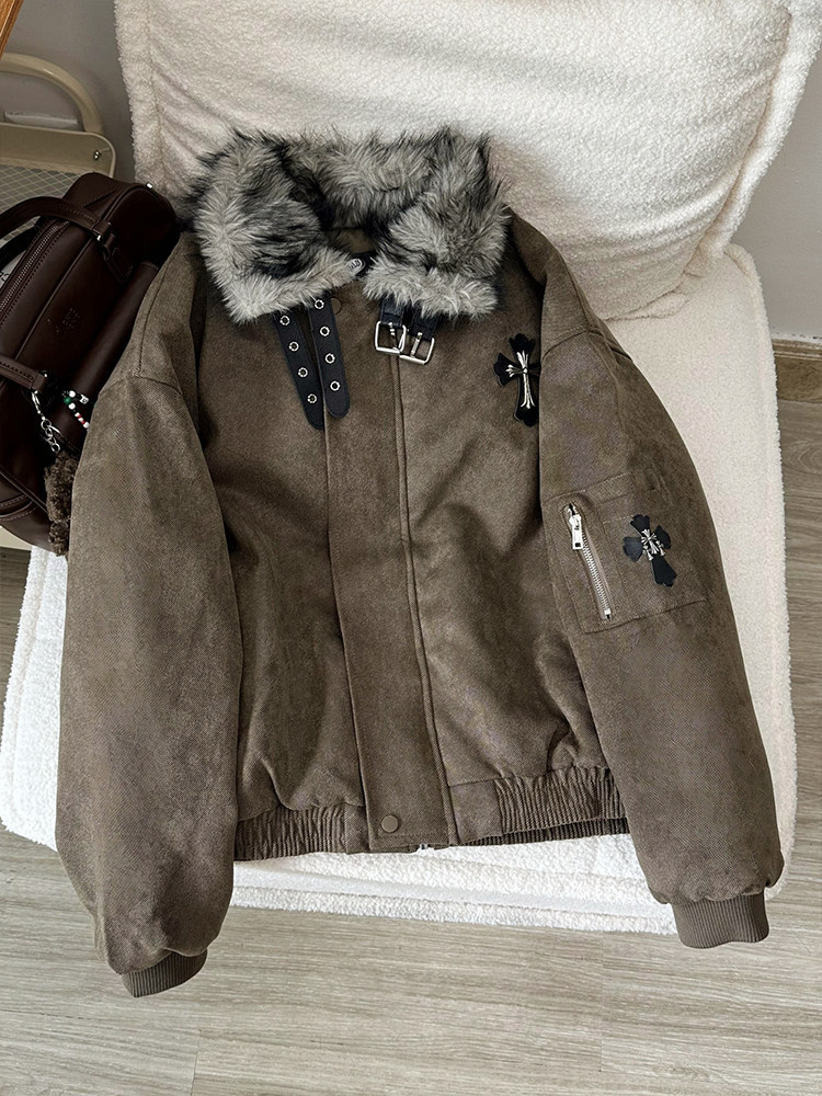 Popular Fur Collar Jacket Cotton Coat for Men, Winter Trendy Brand Thickened American High Street Style Cross-Pattern Cotton Jacket