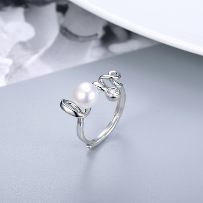 情人节LOVE戒指女S925银韩版简约淡水珍珠指环DIY空托配件饰品|ru