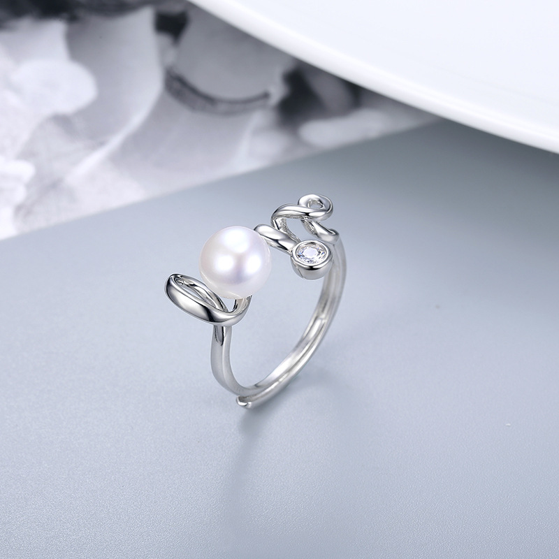 情人节LOVE戒指女S925银韩版简约淡水珍珠指环DIY空托配件饰品|ru