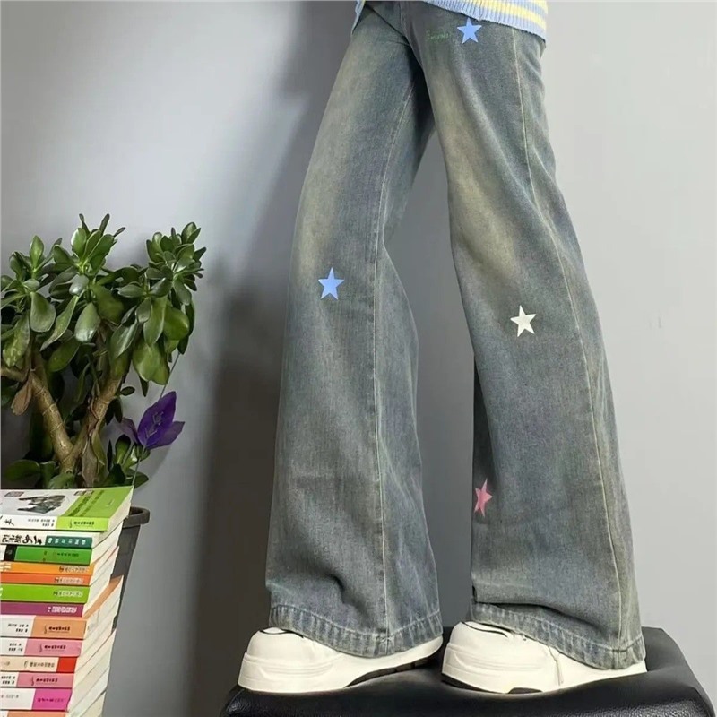 2025新款女童秋季中大童阔腿裤女学生校园显瘦直筒裤五角星牛仔裤
